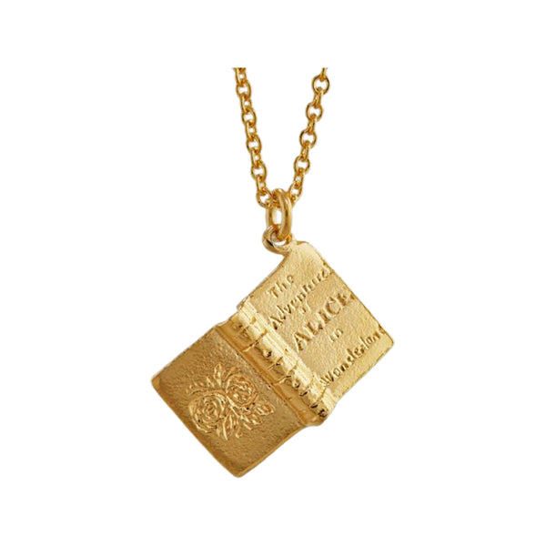 The Alice In Wonderland Open Book necklace in gold and silver colours from the brand ALEX MONROE