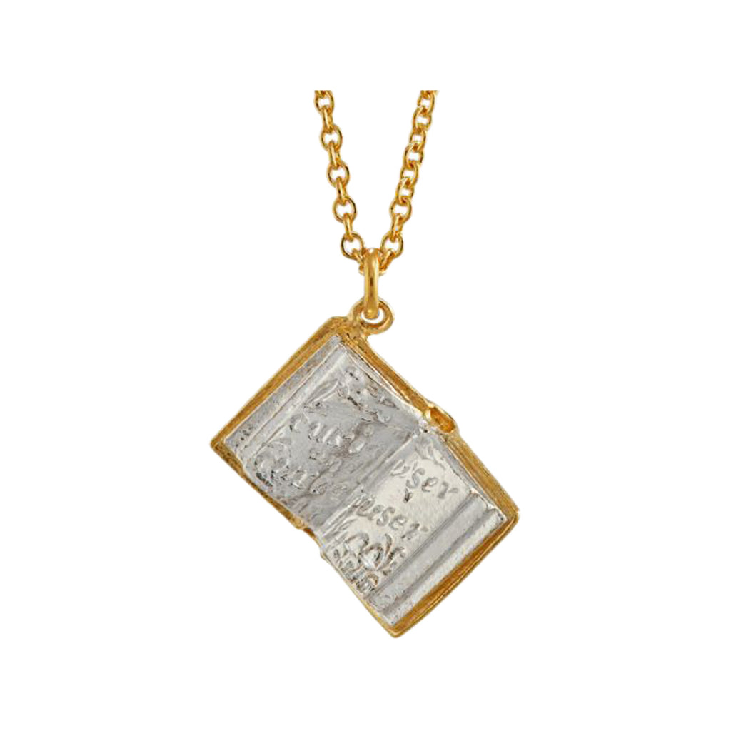 The Alice In Wonderland Open Book necklace in gold and silver colours from the brand ALEX MONROE