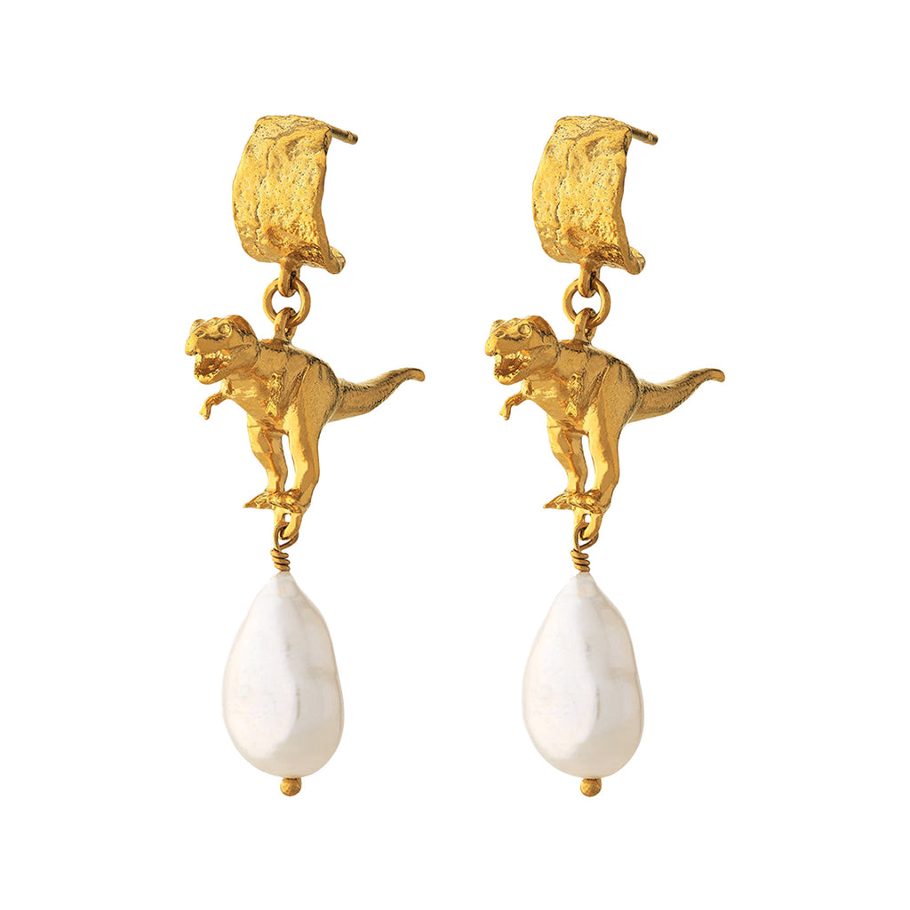 The T-Rex and Pearl drop earrings in gold and pearl colours from the brand ALEX MONROE