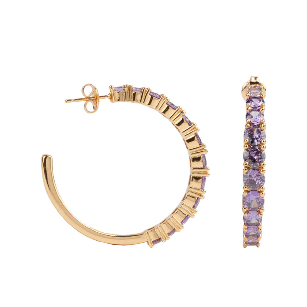 The big gem hoop earrings in gold and purple colour from the brand ALL THE LUCK  IN THE  WORLD