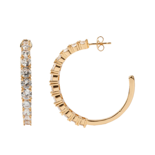 The big gem hoop earrings in gold and white colour from the brand ALL THE LUCK IN THE WORLD