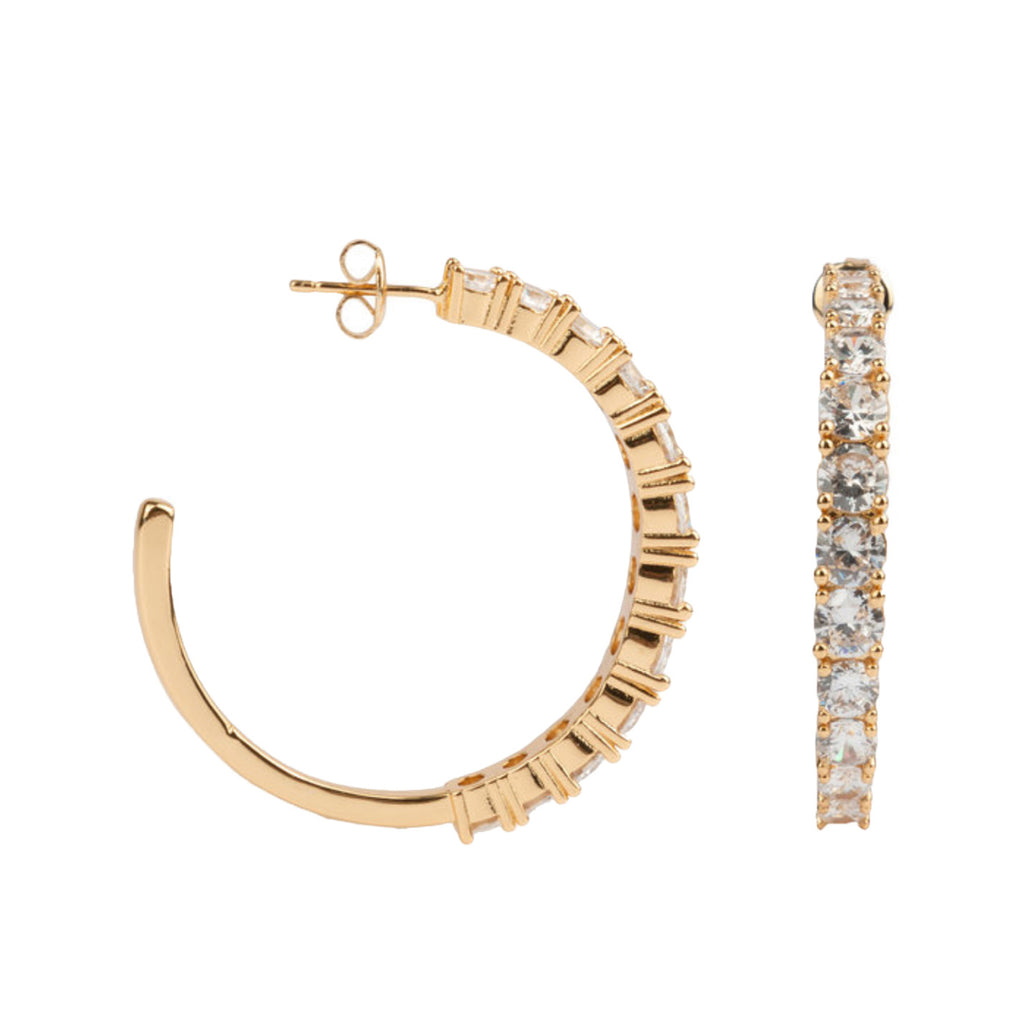 The big gem hoop earrings in gold and white colour from the brand ALL THE LUCK IN THE WORLD