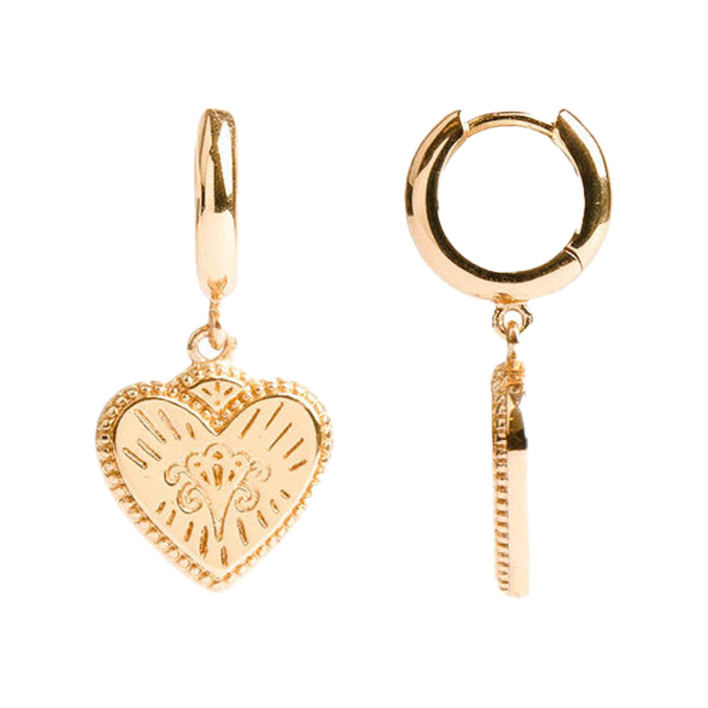 The Burst Heart earrings in gold colour from the brand ALL THE LUCK IN THE WORLD.