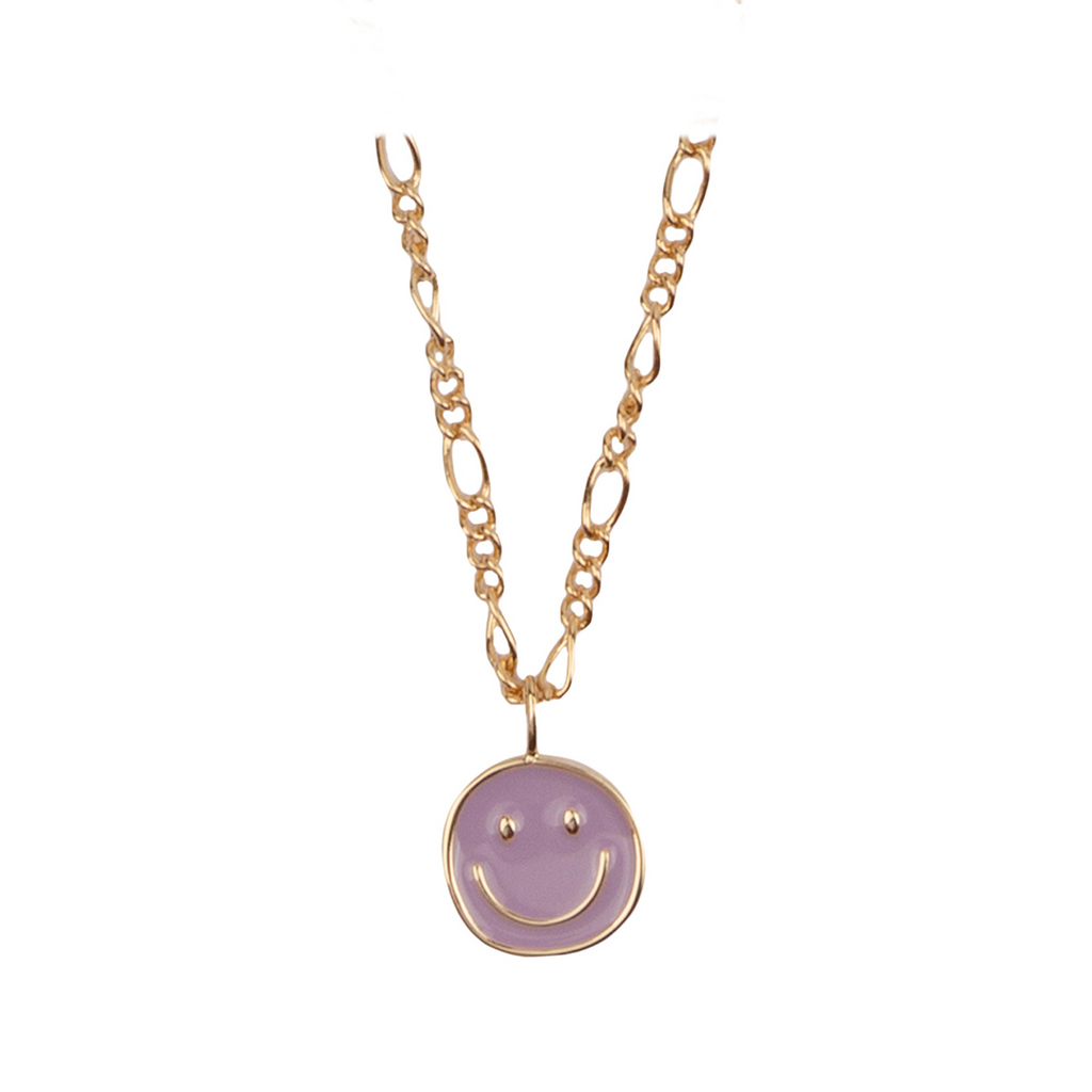 The coin smiley necklace in gold and purple colour from the brand ALL THE LUCK IN THE WORLD