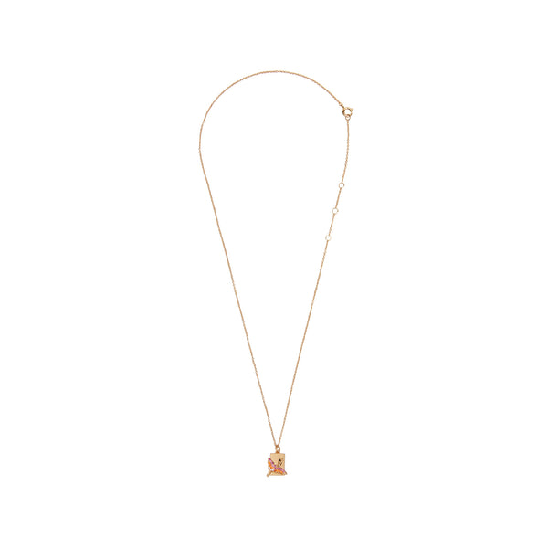 The crane rectangle necklace in gold, purple and orange colour from the brand ALL THE LUCK IN THE WORLD