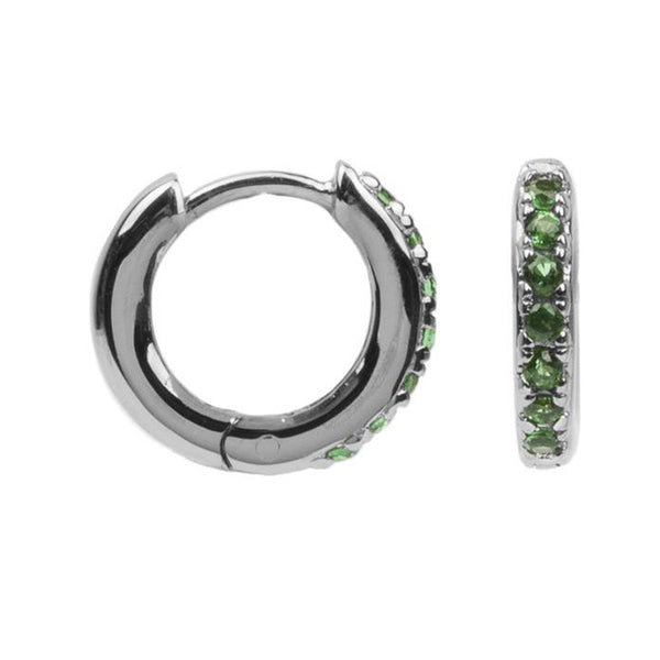 The creole earrings in silver and green colour from the brand ALL THE LUCK IN THE WORLD