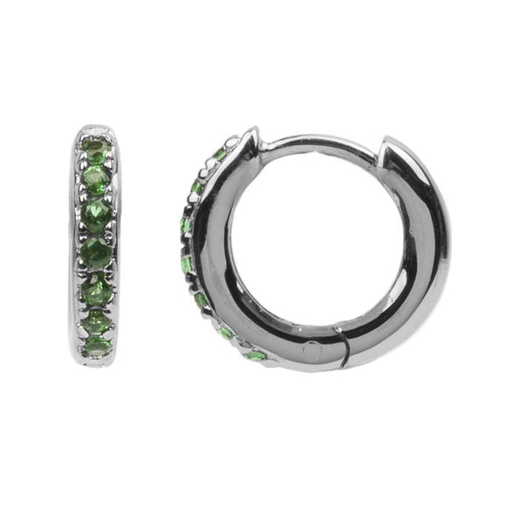 The creole earrings in silver and green colour from the brand ALL THE LUCK IN THE WORLD