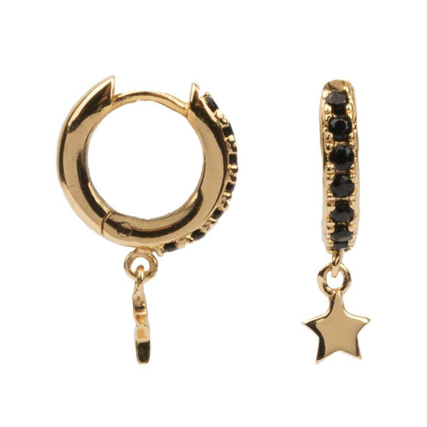 The creole starry onyx earrings in gold and black colour from the brand ALL THE LUCK IN THE WORLD