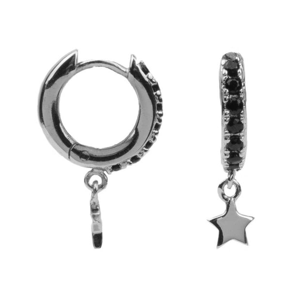 The creole starry onyx earrings in silver and black colour from the brand ALL THE LUCK IN THE WORLD