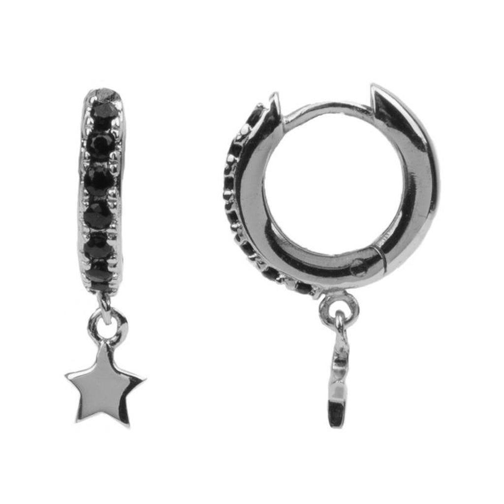 The creole starry onyx earrings in silver and black colour from the brand ALL THE LUCK IN THE WORLD