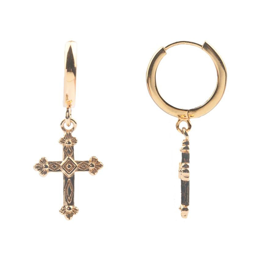 The cross earrings in gold colour from the brand ALL THE LUCK IN THE WORLD