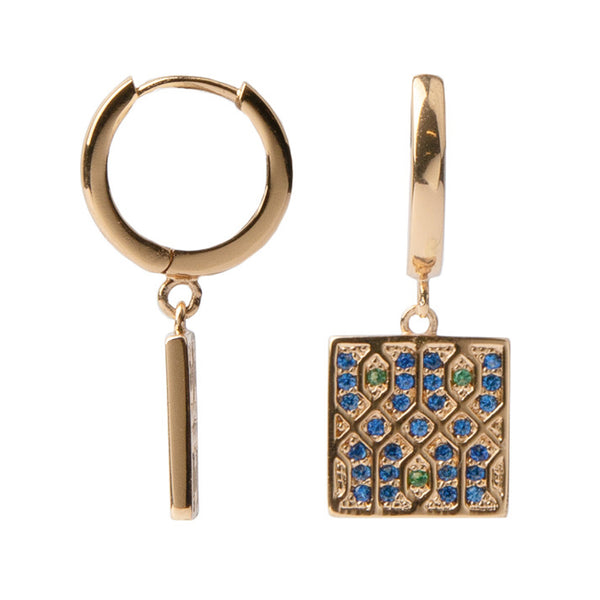 The graphic square earrings in gold, blue and green colour from the brand ALL THE LUCK IN THE WORLD