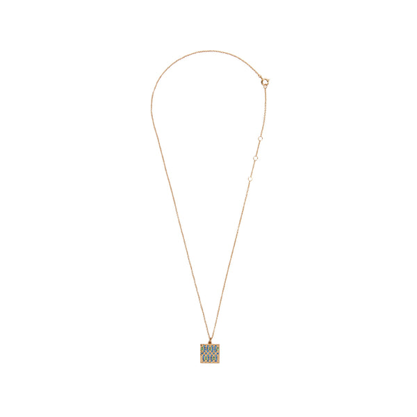 The graphic square necklace in gold, green and blue colour from the brand ALL THE LUCK IN THE WORLD