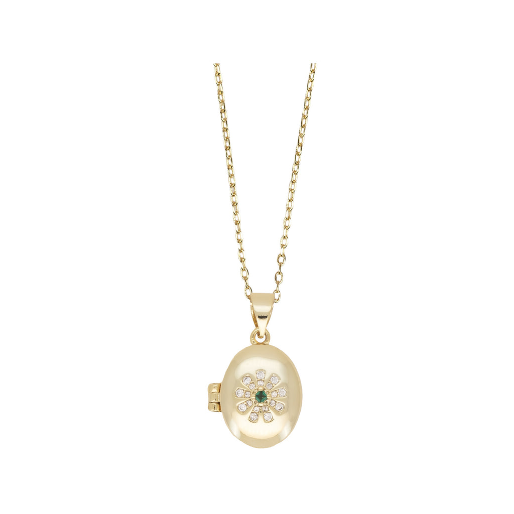 The medaillon flower necklace in gold, green, and clear colors from the brand ALL THE LUCK IN THE WORLD