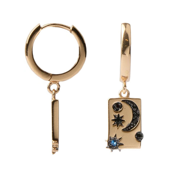 The moon stars rectangle earrings in gold, black and blue colour from the brand ALL THE LUCK IN THE WORLD