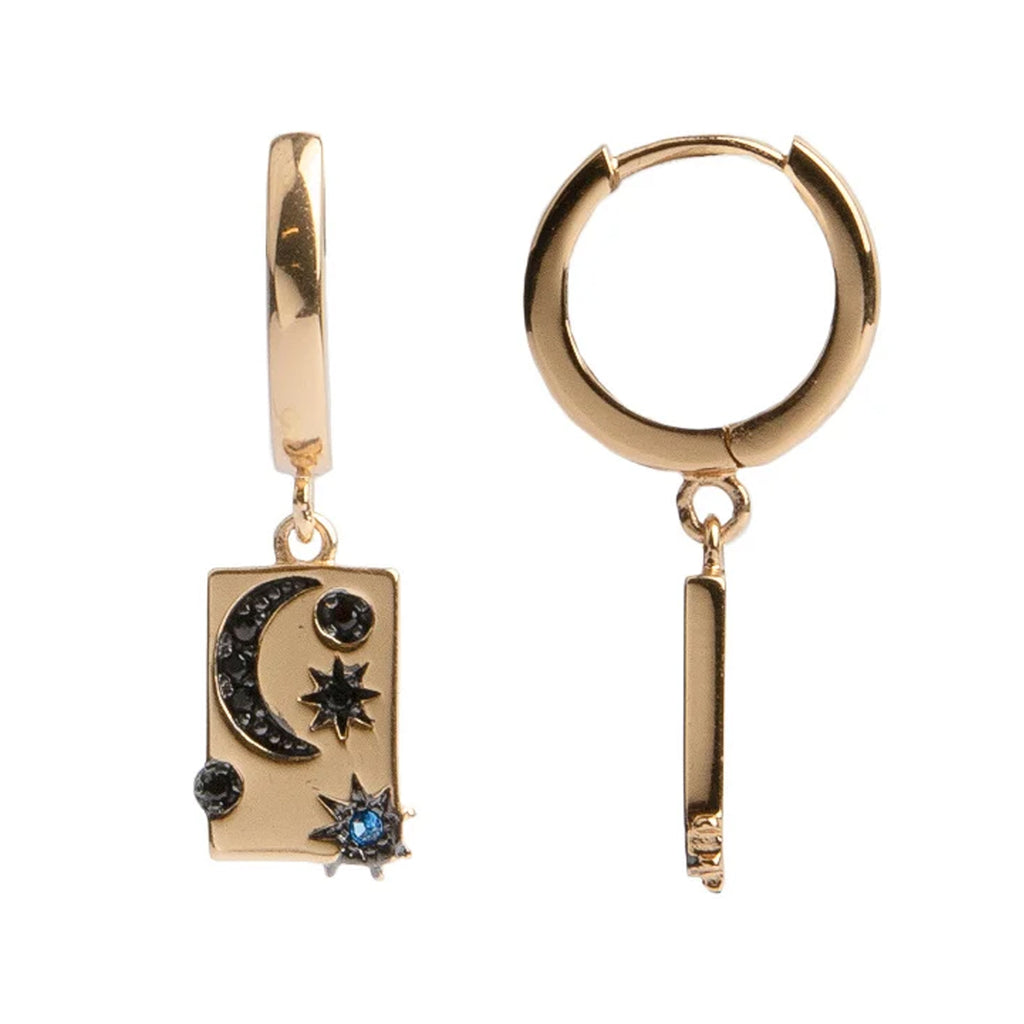 The moon stars rectangle earrings in gold, black and blue colour from the brand ALL THE LUCK IN THE WORLD