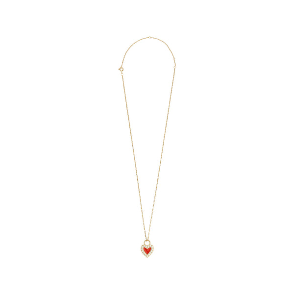 The orange heart necklace in gold, red and clear colour from the brand ALL THE LUCK IN THE WORLD