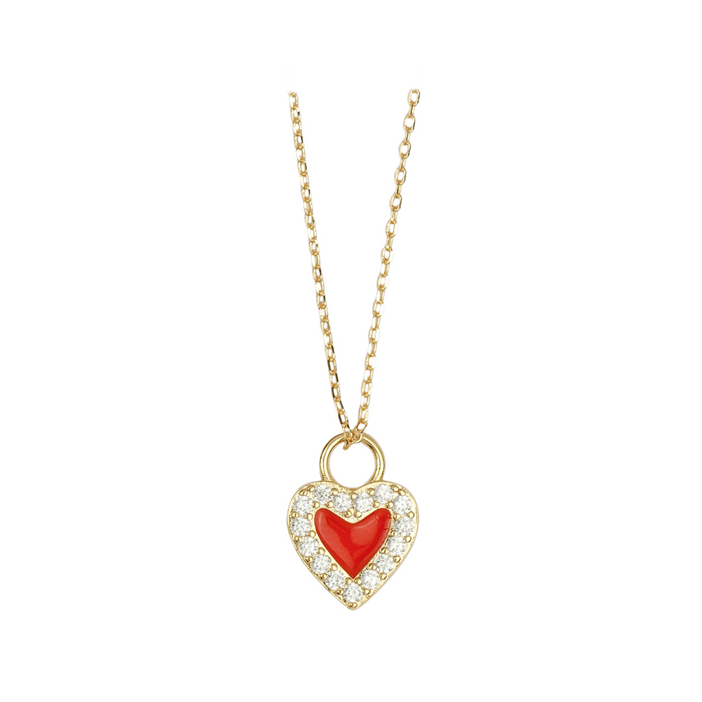 The orange heart necklace in gold, red and clear colour from the brand ALL THE LUCK IN THE WORLD