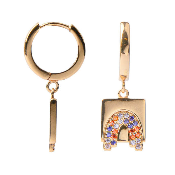 The rainbow square earrings in gold and rainbow colour from the brand ALL THE LUCK IN THE WORLD