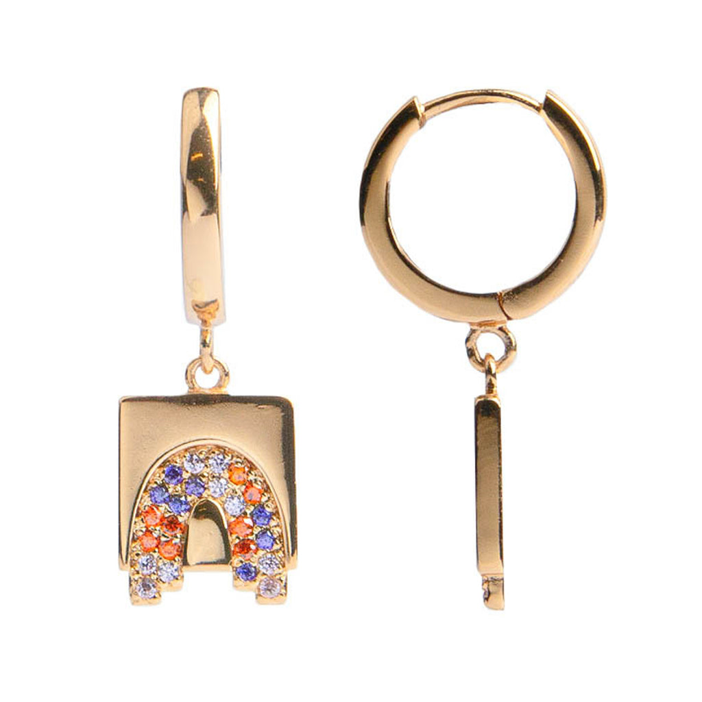 The rainbow square earrings in gold and rainbow colour from the brand ALL THE LUCK IN THE WORLD