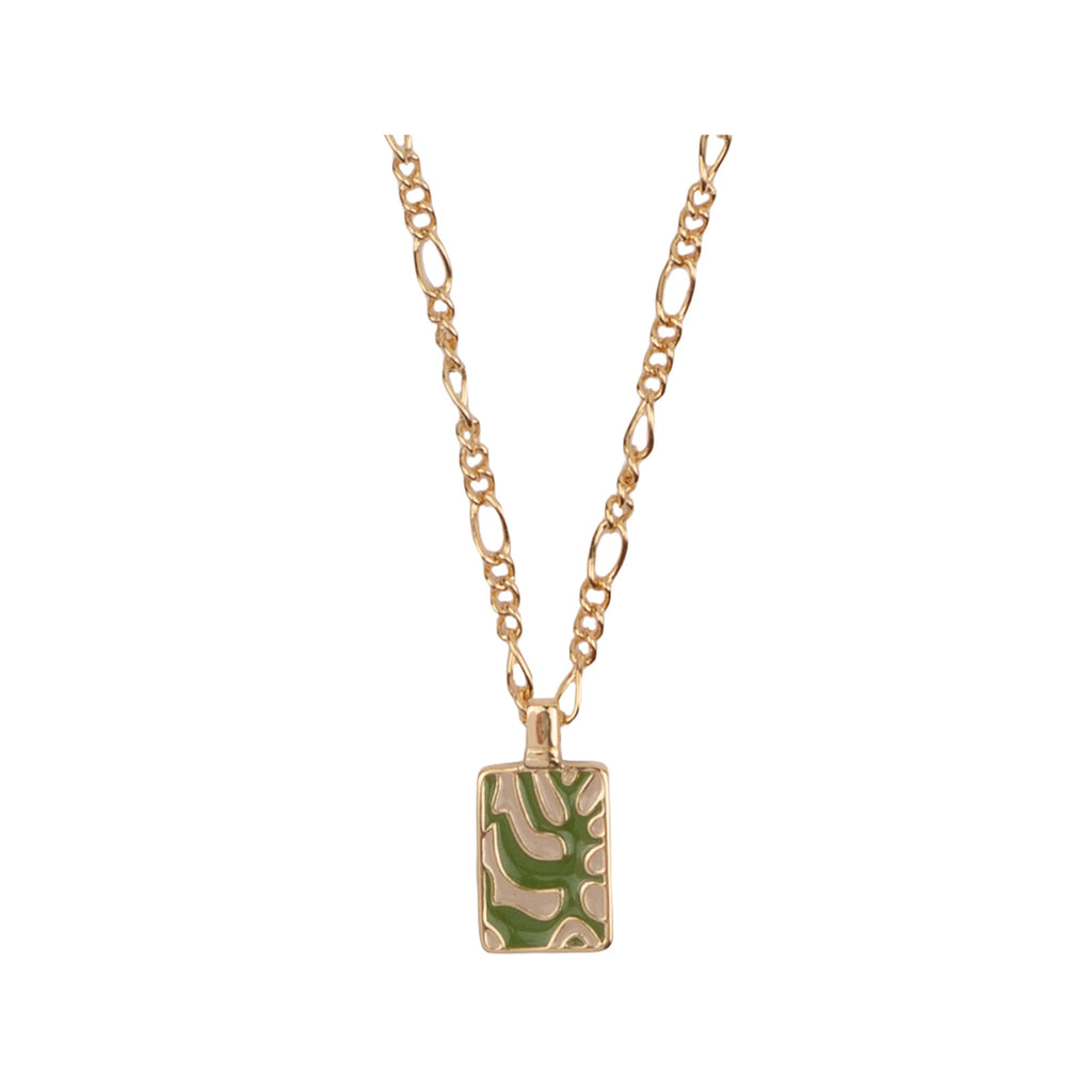 The rectangle plant necklace in gold and green colour from the brand ALL THE LUCK IN THE WORLD