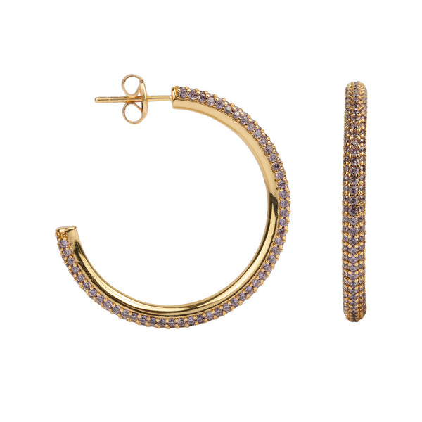 The round hoop earrings in gold and purple colour from the brand ALL THE LUCK IN THE WORLD