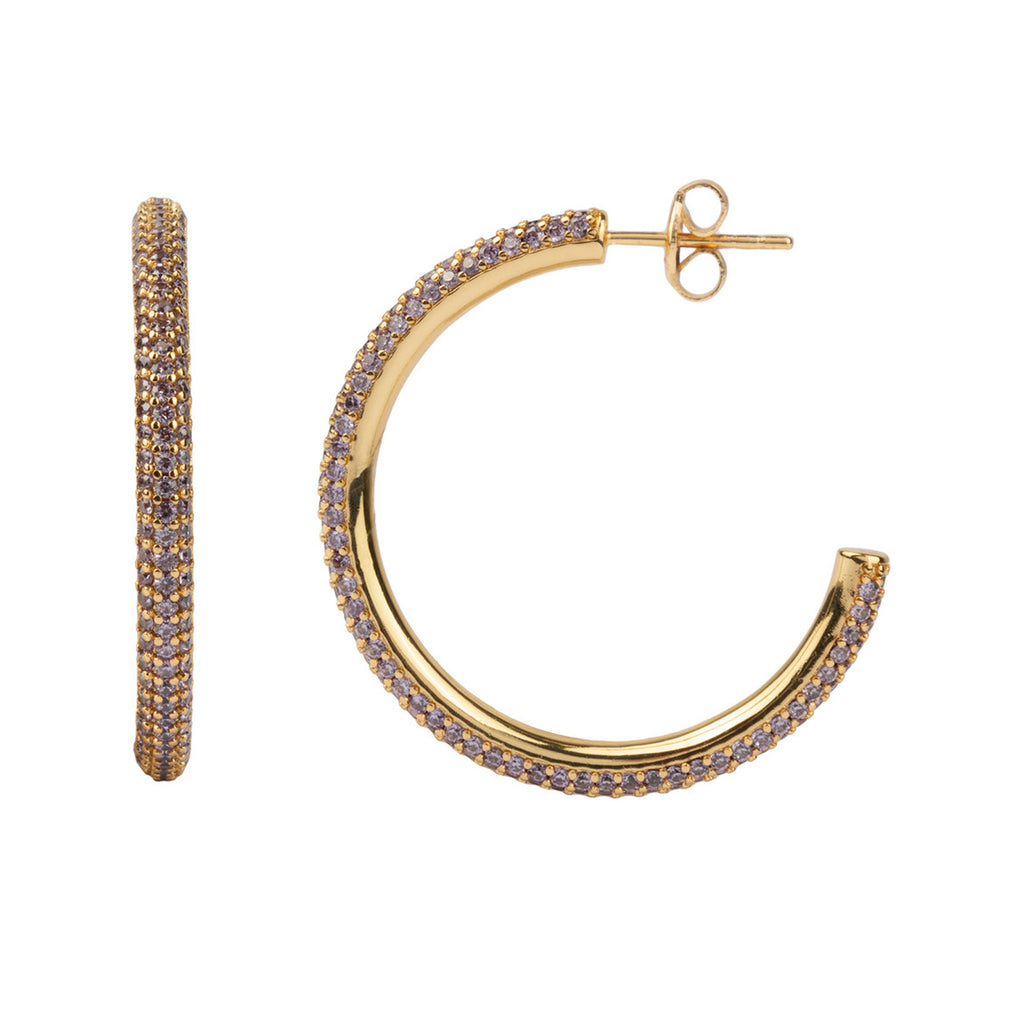 The round hoop earrings in gold and purple colour from the brand ALL THE LUCK IN THE WORLD