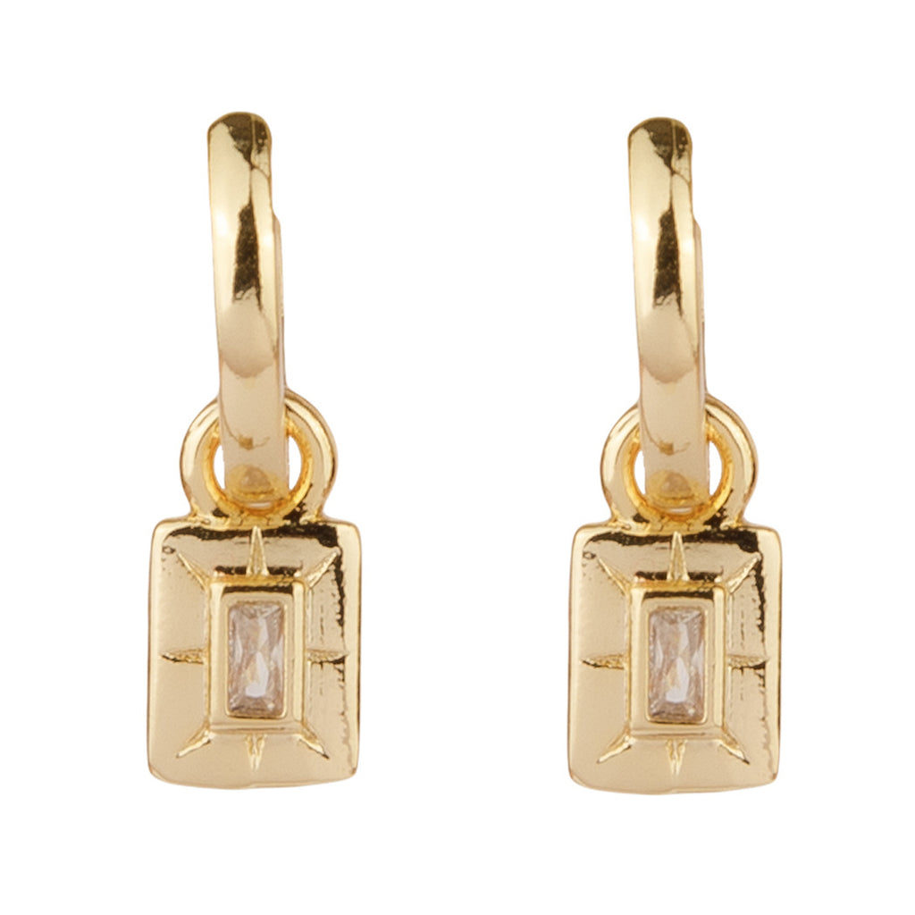 The square zirconia charm earrings in gold and pink colour from the brand ALL THE LUCK IN THE WORLD