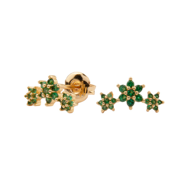 The three flowers earrings in gold and green colour from the brand ALL THE LUCK IN THE WORLD