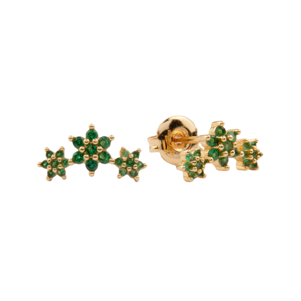 The three flowers earrings in gold and green colour from the brand ALL THE LUCK IN THE WORLD