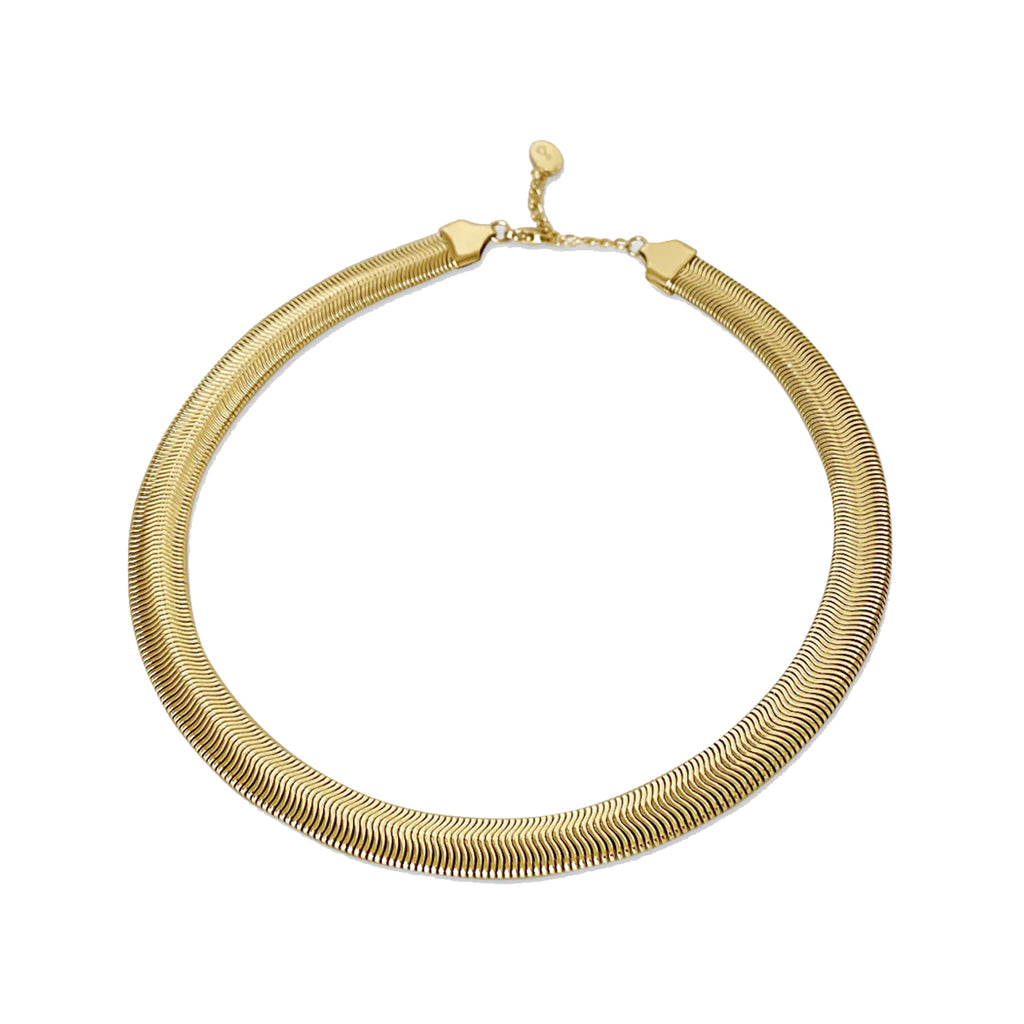 The flat snake neckalce in gold colour from the brand ANISA SOJKA