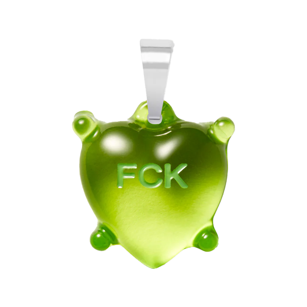 The Dilemma Heart Fck pendant with classic connector in silver and green colour from the brand CRYSTAL HAZE