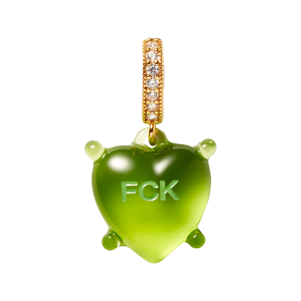 The Dilemma Heart Fck pendant with pave connector in gold and green colour from the brand CRYSTAL HAZE