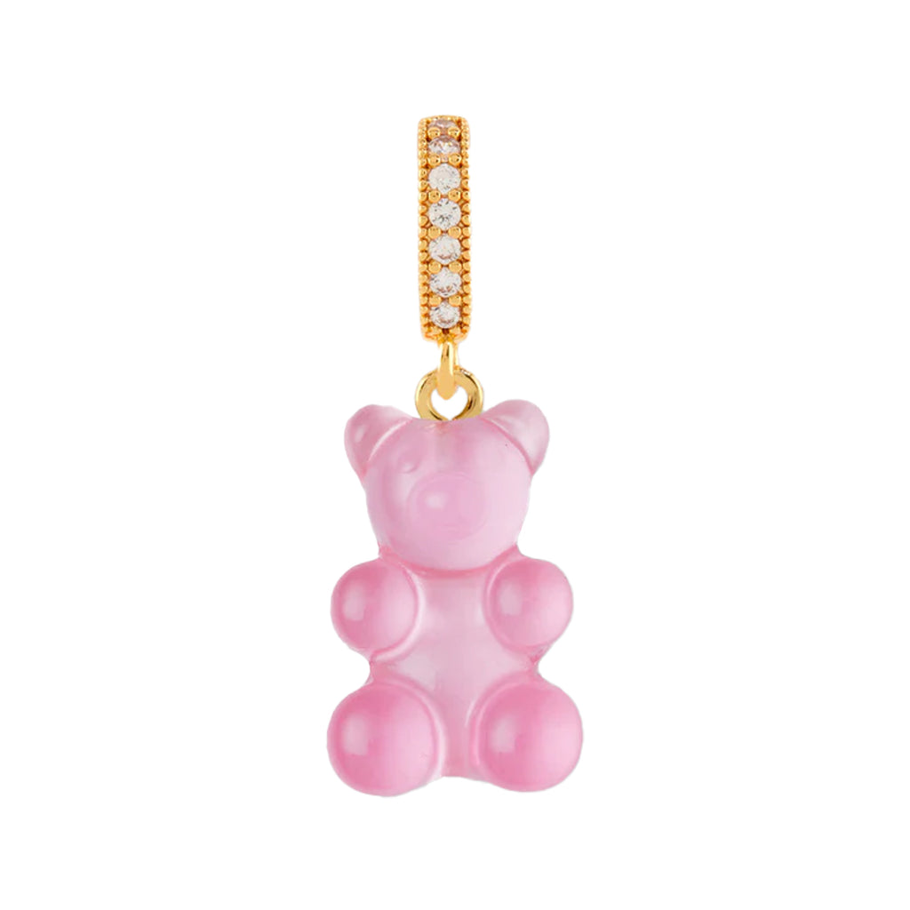 The mega nostalgia bear pendant with pave connector in gold and bubblegum pink from the brand CRYSTAL HAZE