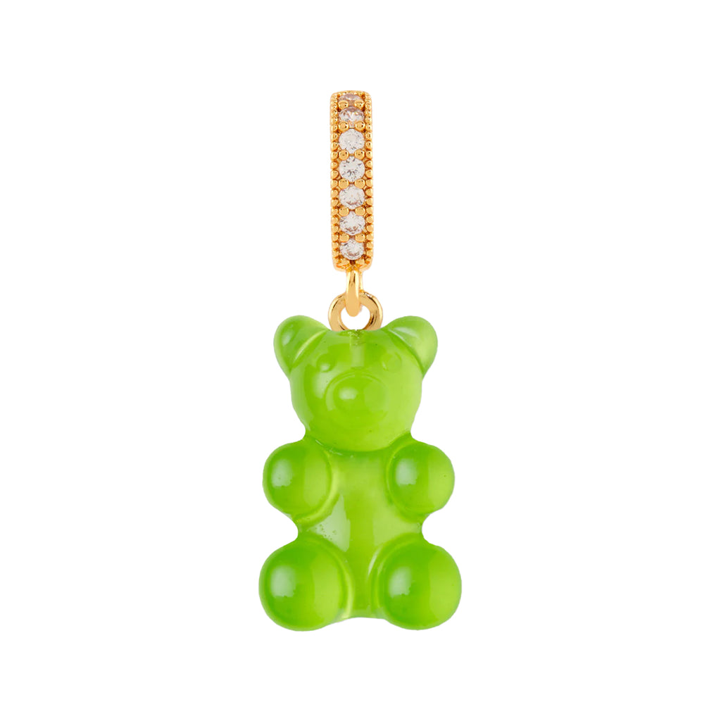 The mega nostalgia bear  pendant with pave connector in gold and lime colour from the brand CRYSTAL HAZE