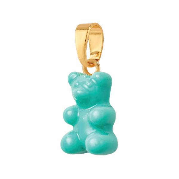 The nostalgia bear pendant with classic connector in gold and mykonos blue colour from the brand CRYSTAL HAZE