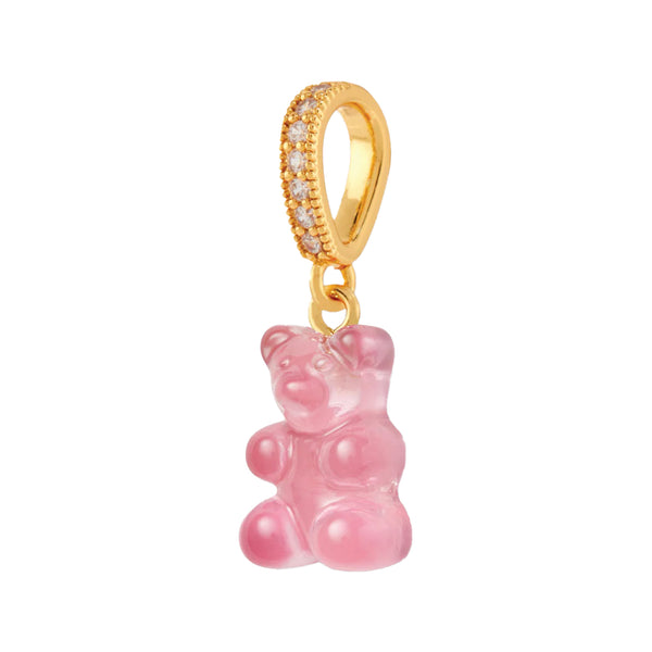 The nostalgia bear pendant with pave connector in gold and bubblegum pink colour from the brand CRYSTAL HAZE