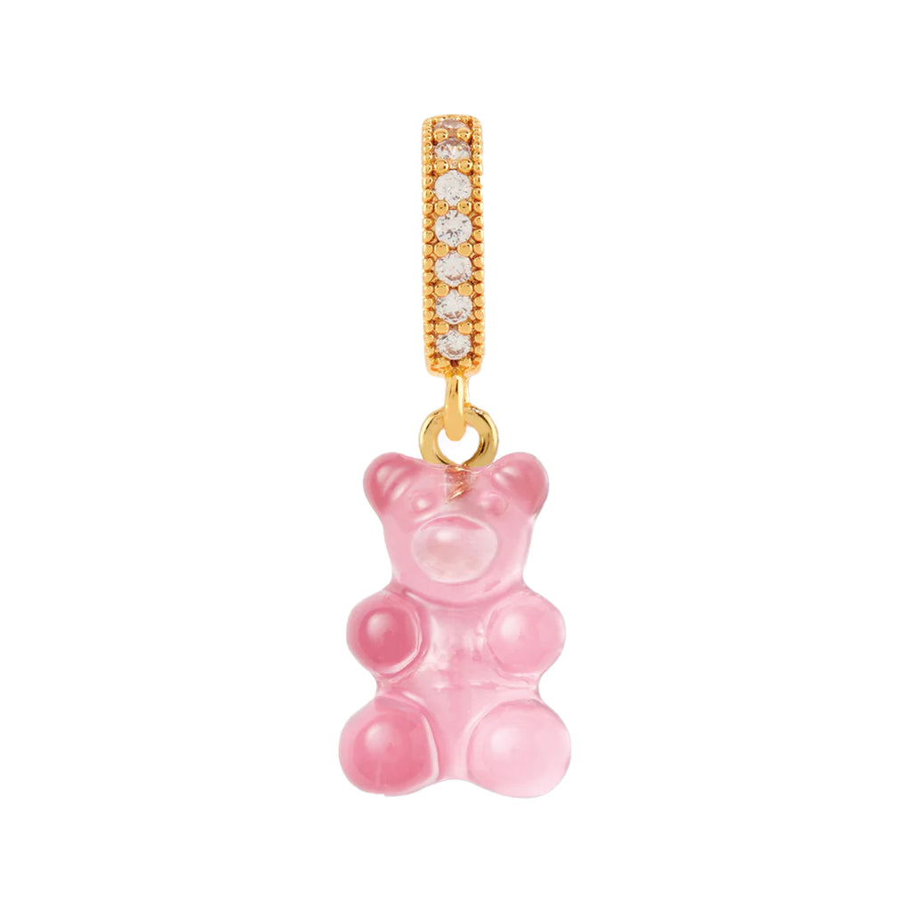 The nostalgia bear pendant with pave connector in gold and bubblegum pink colour from the brand CRYSTAL HAZE