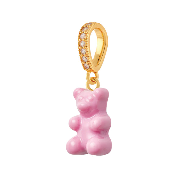 The nostalgia bear pendant with pave connector in gold and candy pink from the brand CRYSTAL HAZE