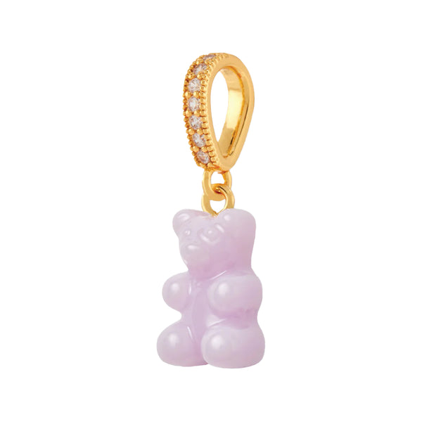 The nostalgia bear pendant with pave connector in gold and lavender colour from the brand CRYSTAL HAZE