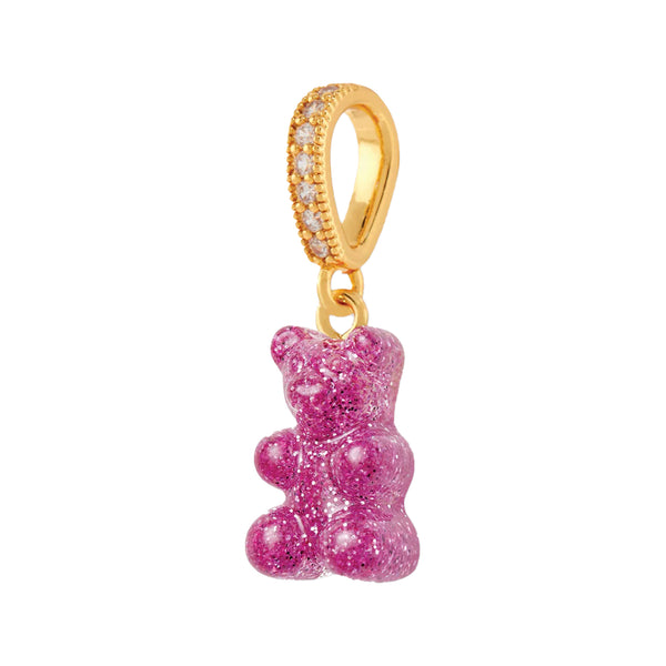 The nostalgia bear pendant with pave connector in gold and magenta colour from the brand CRYSTAL HAZE