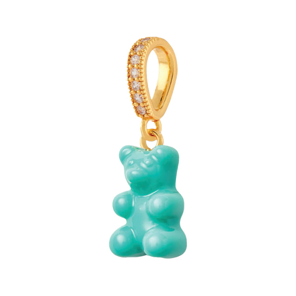 The nostalgia bear pendant with pave connector in gold and mykonos blue from the brand CRYSTAL HAZE