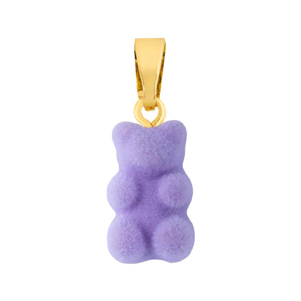 The velvet nostalgia bear pendant with classic connector in gold and violet colour from the brand CRYSTAL HAZE