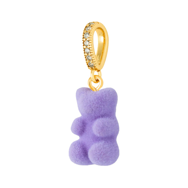 The velvet nostalgia bear pendant with pave connector in gold and violet colour from the brand CRYSTAL HAZE