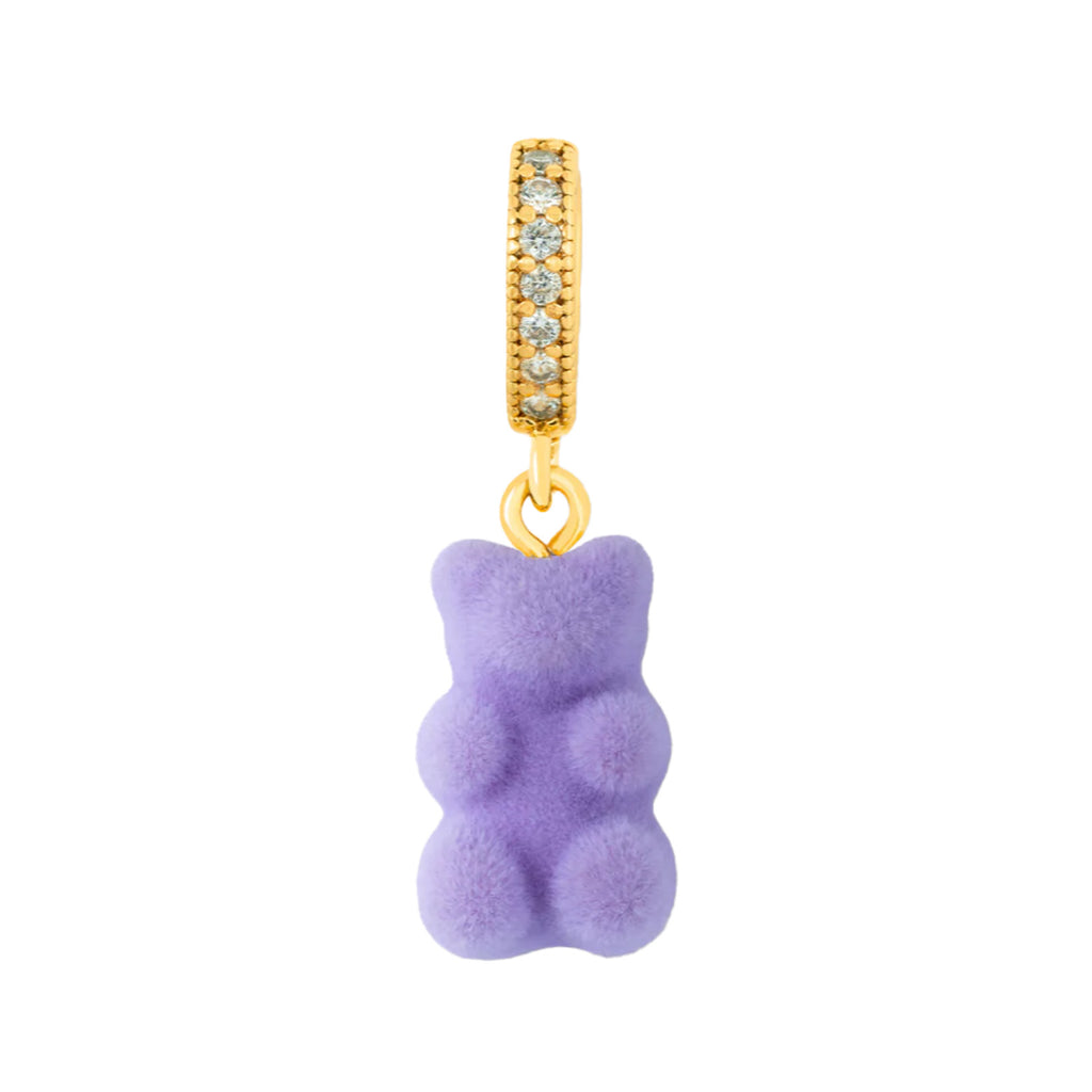 The velvet nostalgia bear pendant with pave connector in gold and violet colour from the brand CRYSTAL HAZE