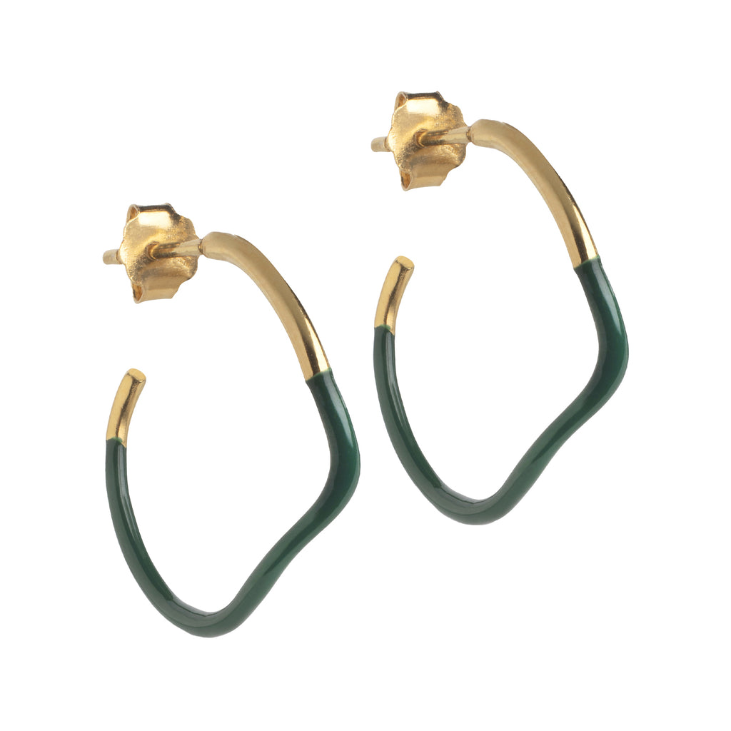 The sway hoop earrings in gold and petrol-green colour from the brand ENAMEL COPENHAGEN