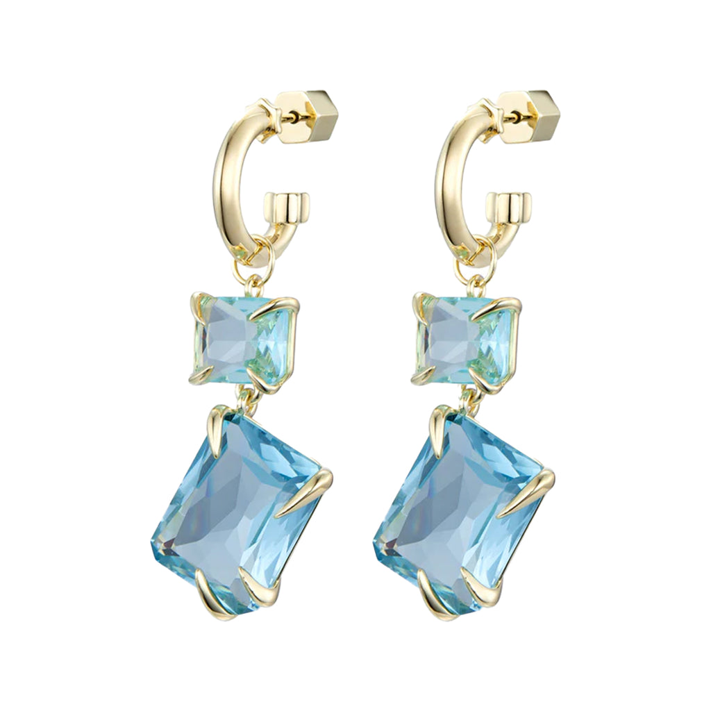 The claw double drop earrings in gold and aquamarine colour from the brand F+H