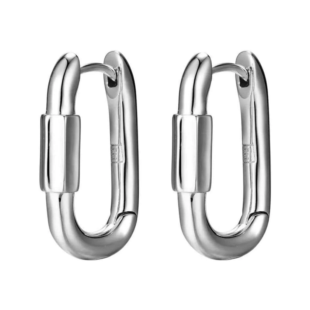 The Disengage XL hoop earrings in silver colour from the brand F+H JEWELLERY