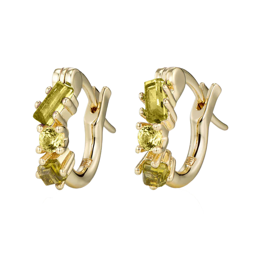 The fantasy gemstone huggie earrings in gold and peridot colour from the brand F+H