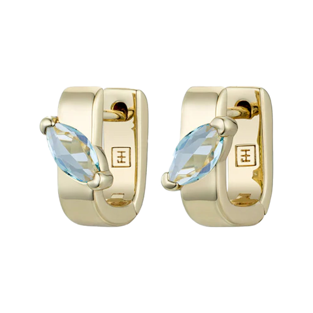 The Marquise link huggie earring in gold and aquamarine colour from the brand F+H